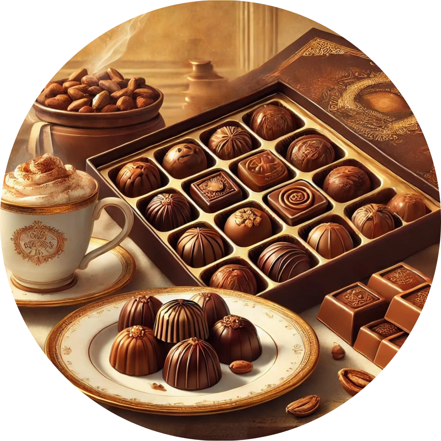 Pralinenteller mit Schoko-Trüffeln und Kaffeetasse