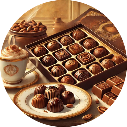 Pralinenteller mit Schoko-Trüffeln und Kaffeetasse