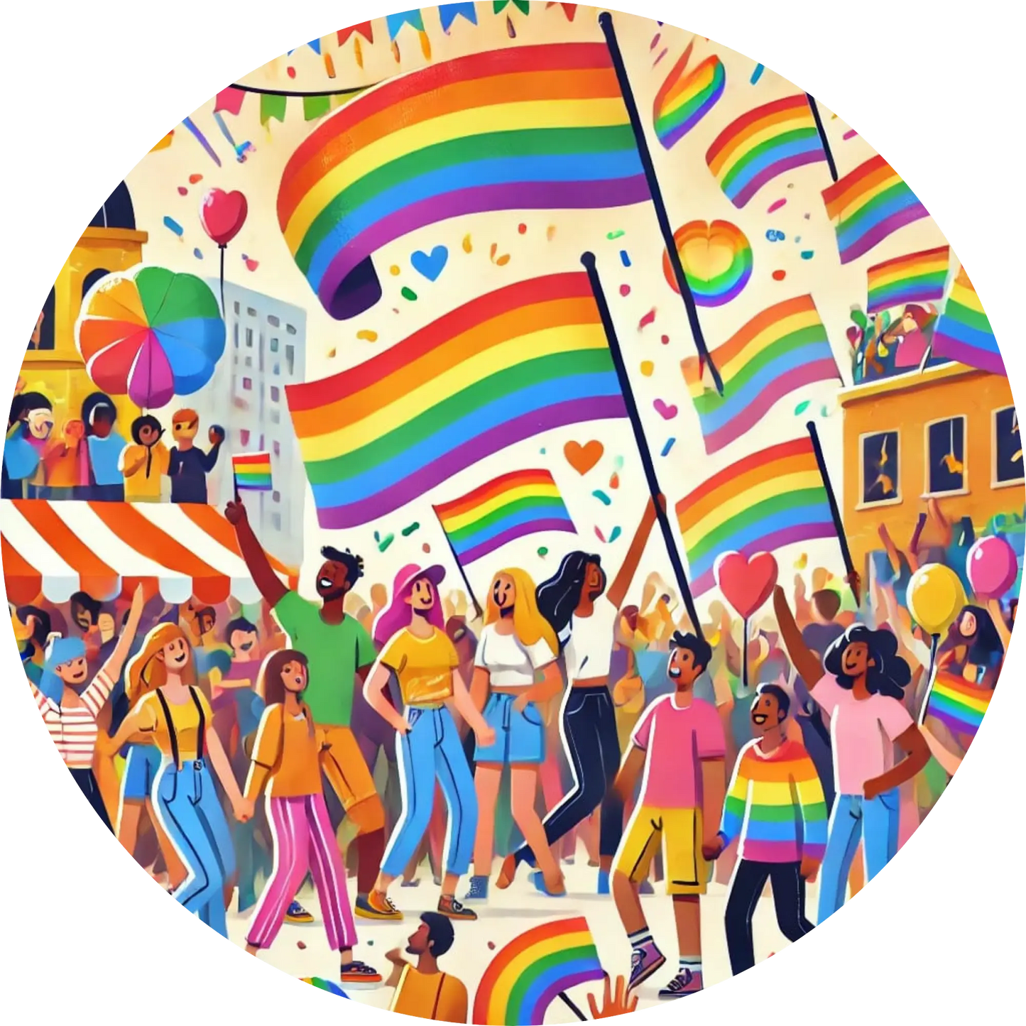 Bunte Pride-Demo mit Regenbogenfahnen, Menschen tanzen, feiern und marschieren.