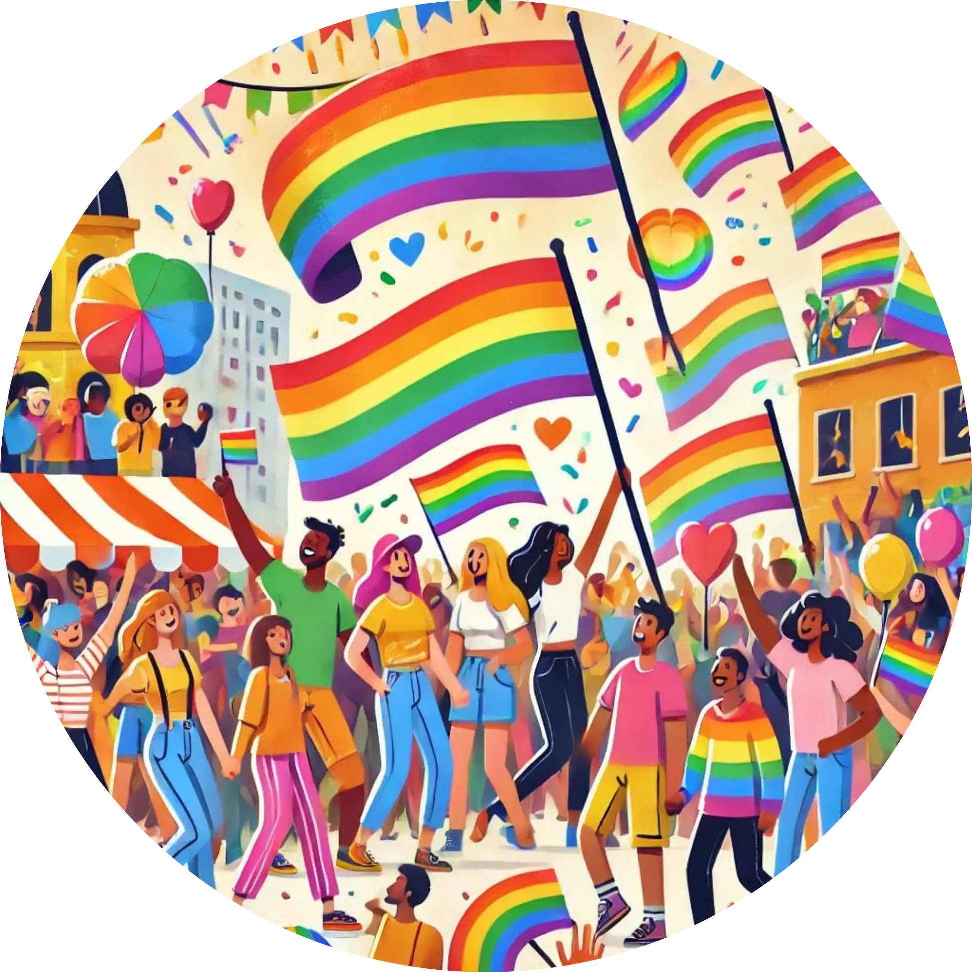 Bunte Pride-Demo mit Regenbogenfahnen, Menschen tanzen, feiern und marschieren.