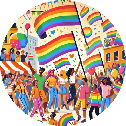 Bunte Pride-Demo mit Regenbogenfahnen, Menschen tanzen, feiern und marschieren.