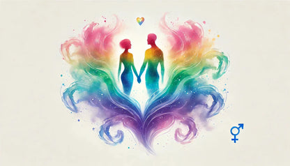 Drei queere Figuren auf einem bunten Farbklecks mit Regenbogen und Herz, ausdrucksstark und symbolisch – gemalte Vielfalt.