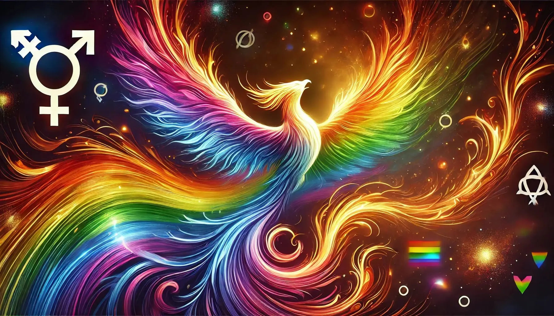 Phönix in Regenbogenfarben mit Pride-Symbolen im Hintergrund, Symbol für Transformation, Stärke und Stolz.