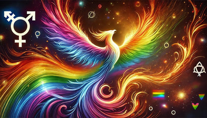 Phönix in Regenbogenfarben mit Pride-Symbolen im Hintergrund, Symbol für Transformation, Stärke und Stolz.