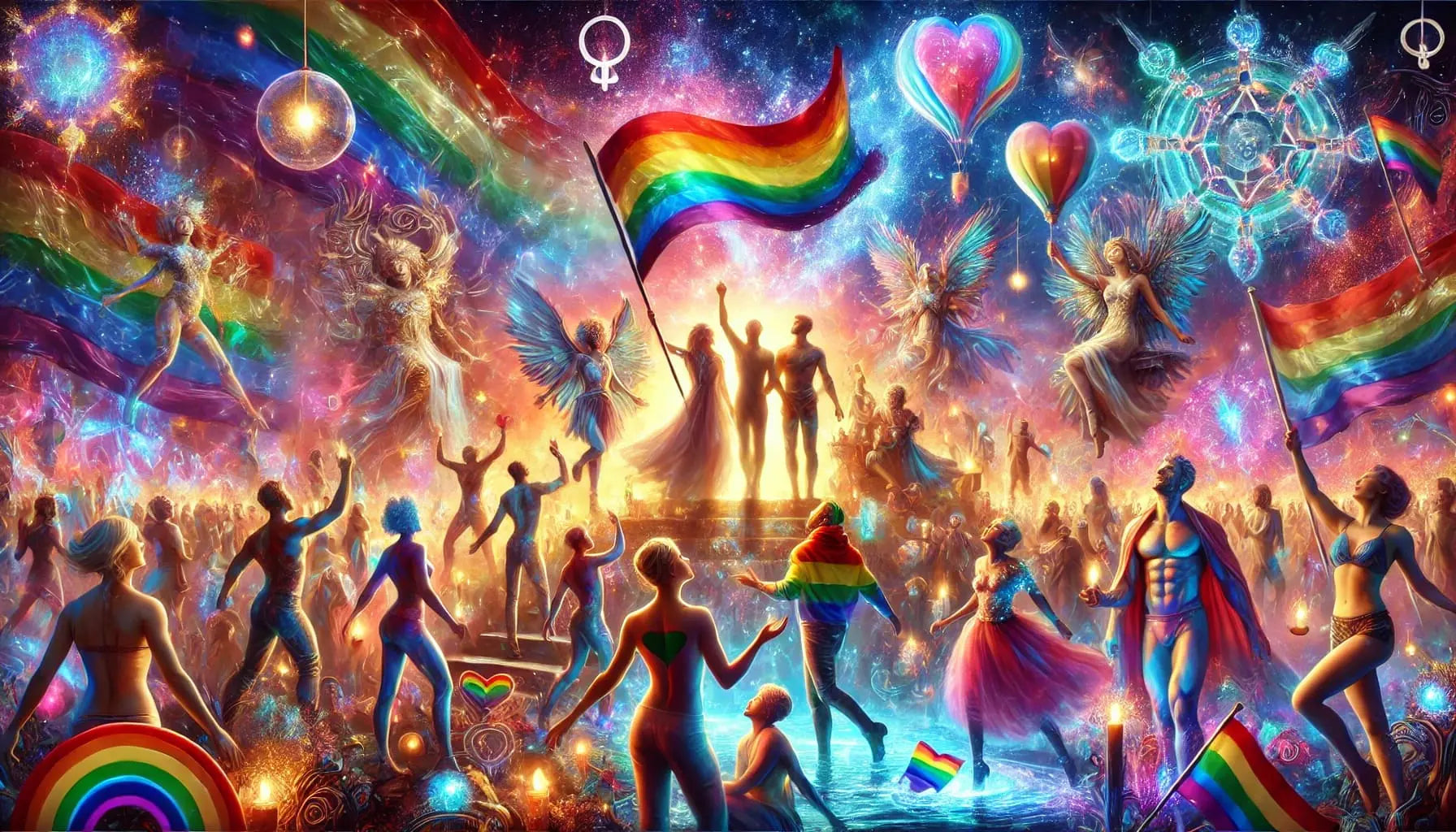 Große Pride-Parade mit jubelnden Menschen und Regenbogenfahnen, ausgelassene Stimmung, Gemeinschaft und Sichtbarkeit.