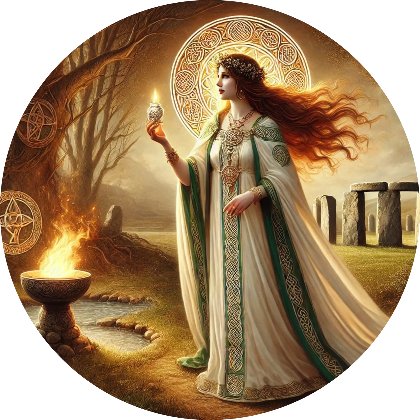 Priesterin am Ritualfeuer – Eine keltische Frau mit langen Haaren hält einen Kelch vor einem Feueraltar zwischen Steinkreisen.