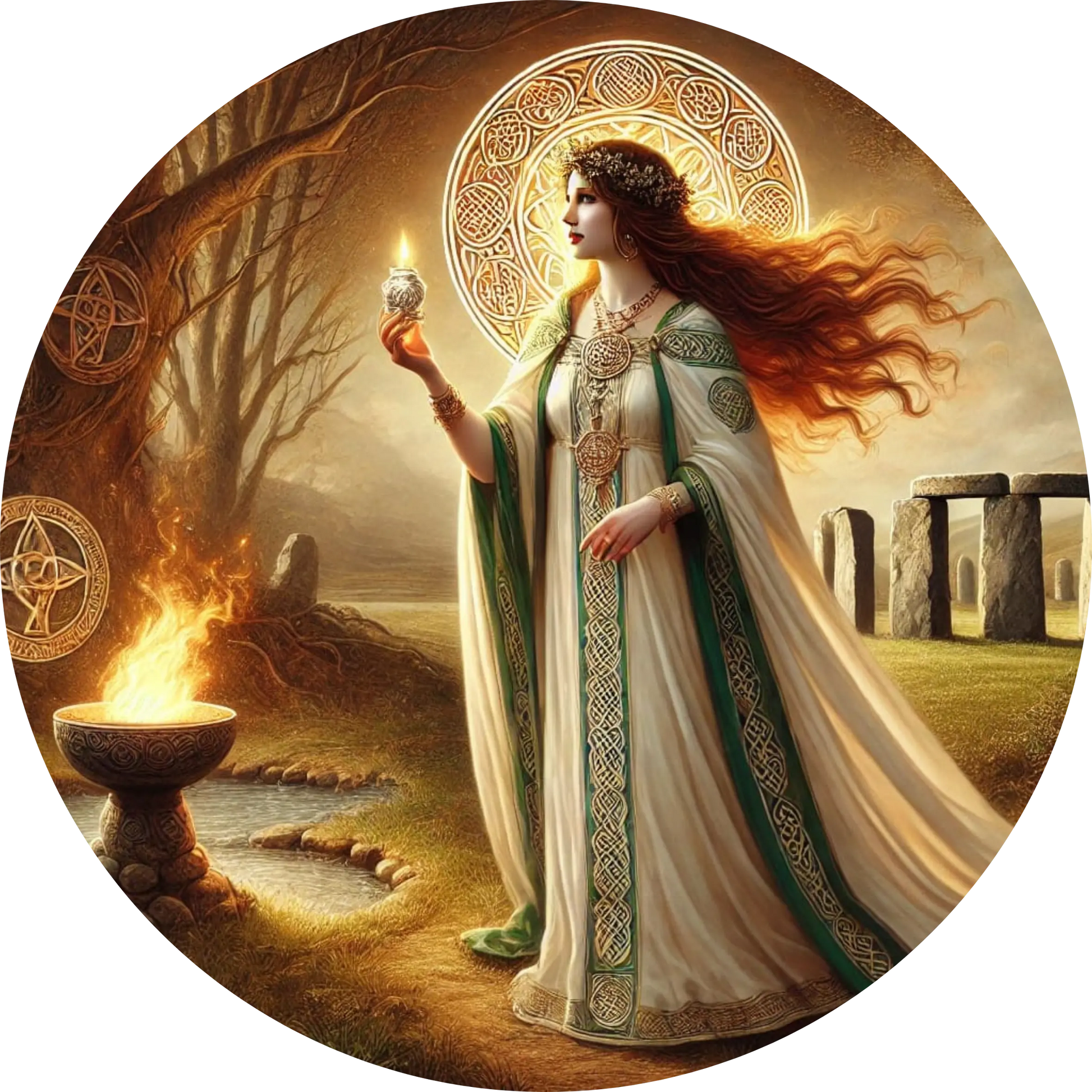 Priesterin am Ritualfeuer – Eine keltische Frau mit langen Haaren hält einen Kelch vor einem Feueraltar zwischen Steinkreisen.