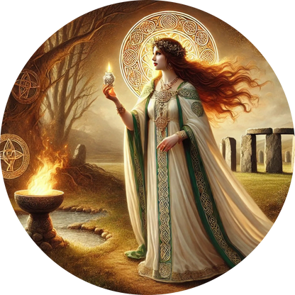 Priesterin am Ritualfeuer – Eine keltische Frau mit langen Haaren hält einen Kelch vor einem Feueraltar zwischen Steinkreisen.