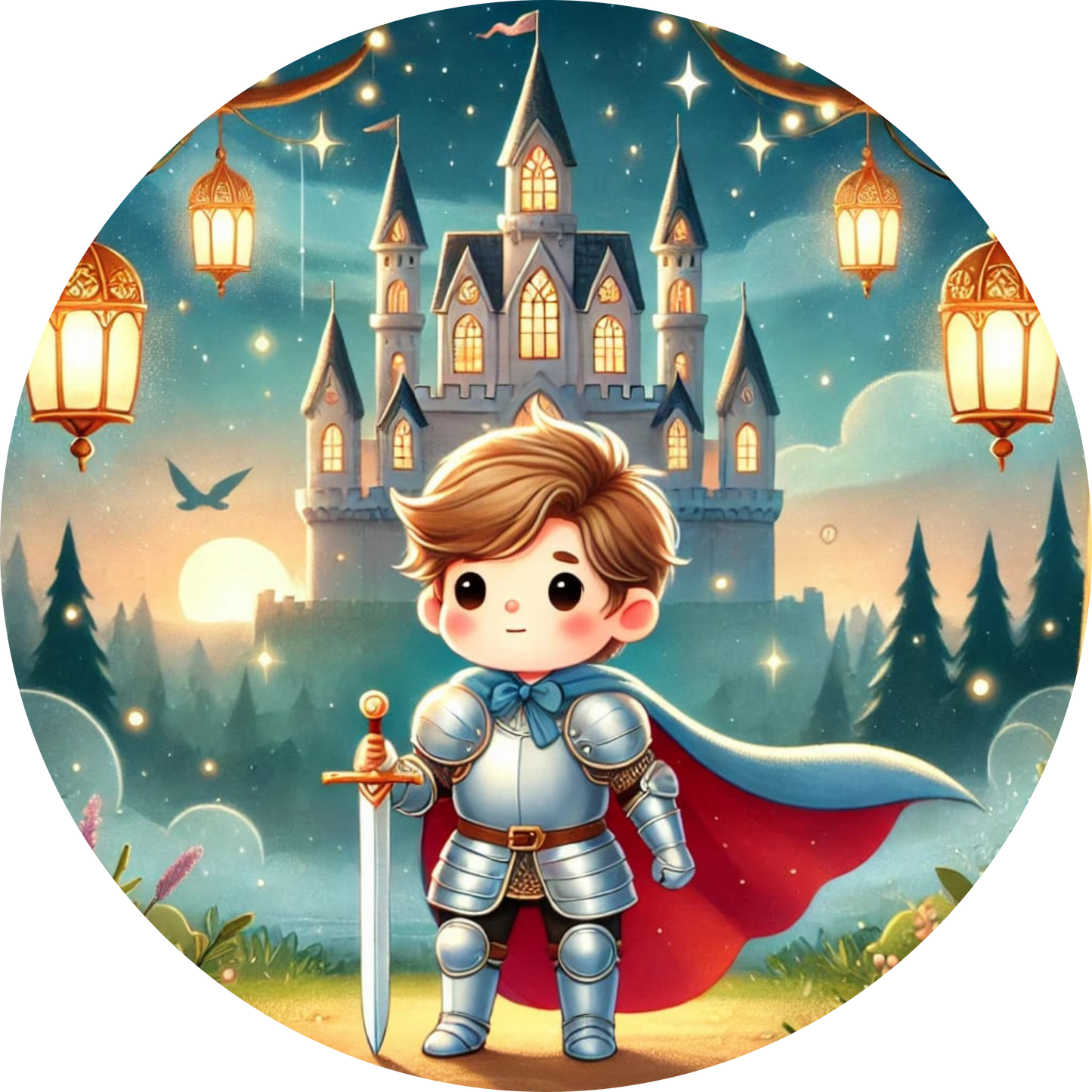 Kleiner Ritter in leuchtender Rüstung vor einem Schloss mit Laternen