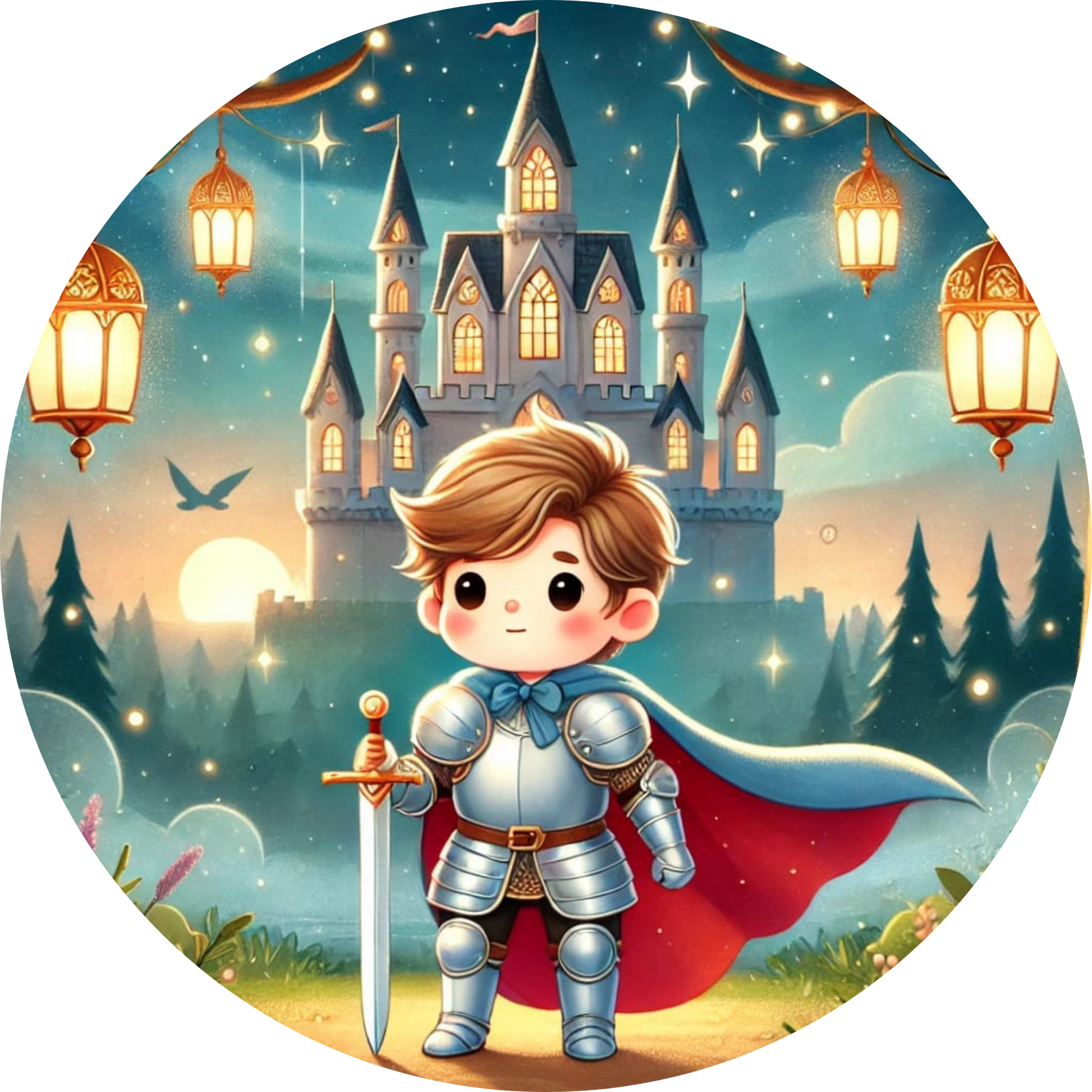 Kleiner Ritter in leuchtender Rüstung vor einem Schloss mit Laternen