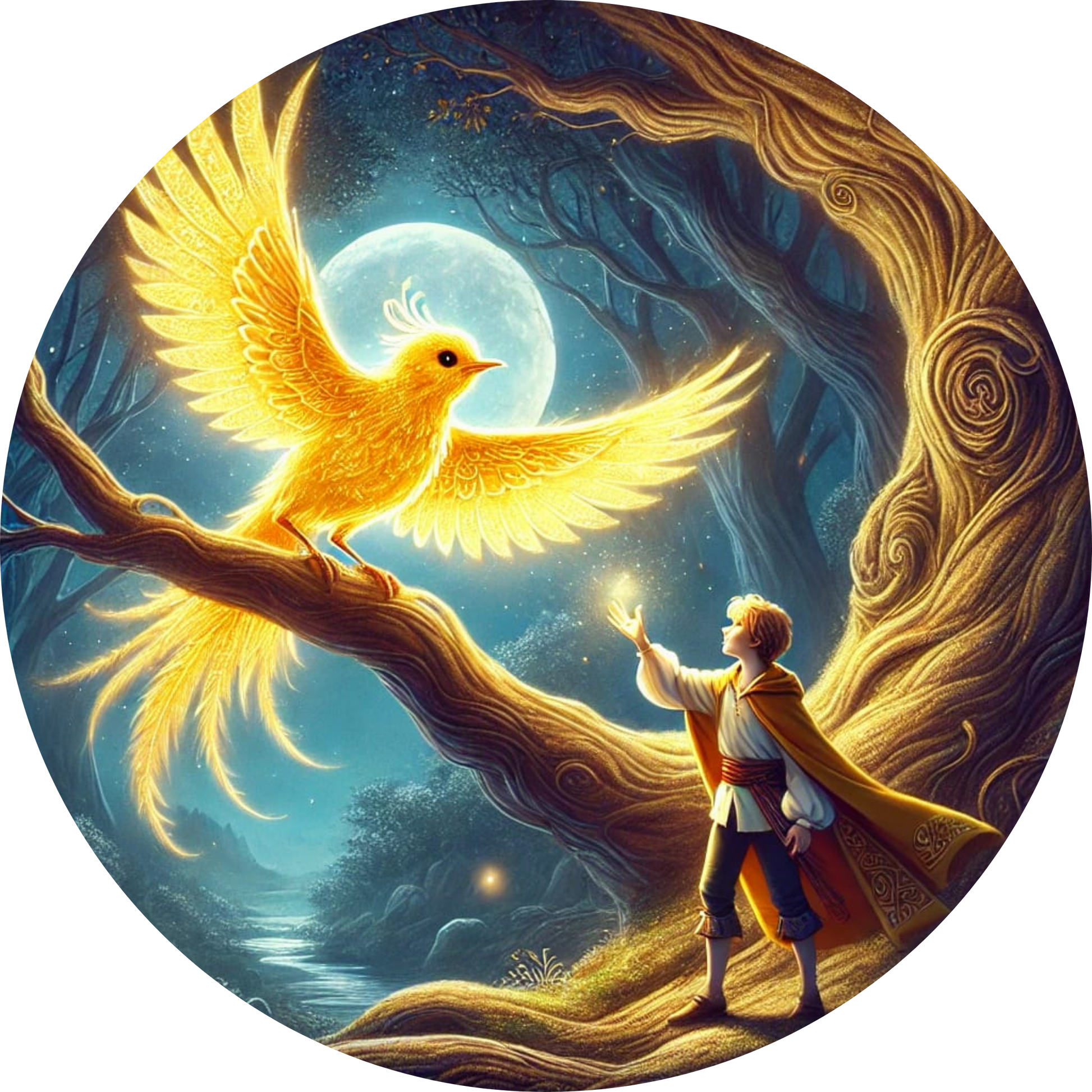 Junger Prinz entdeckt einen leuchtenden Phönix in einem Baumkreis
