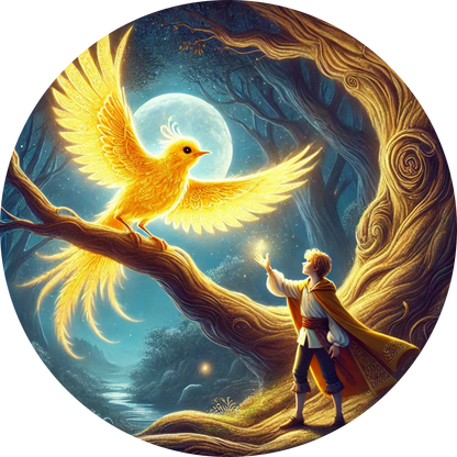 Junger Prinz entdeckt einen leuchtenden Phönix in einem Baumkreis
