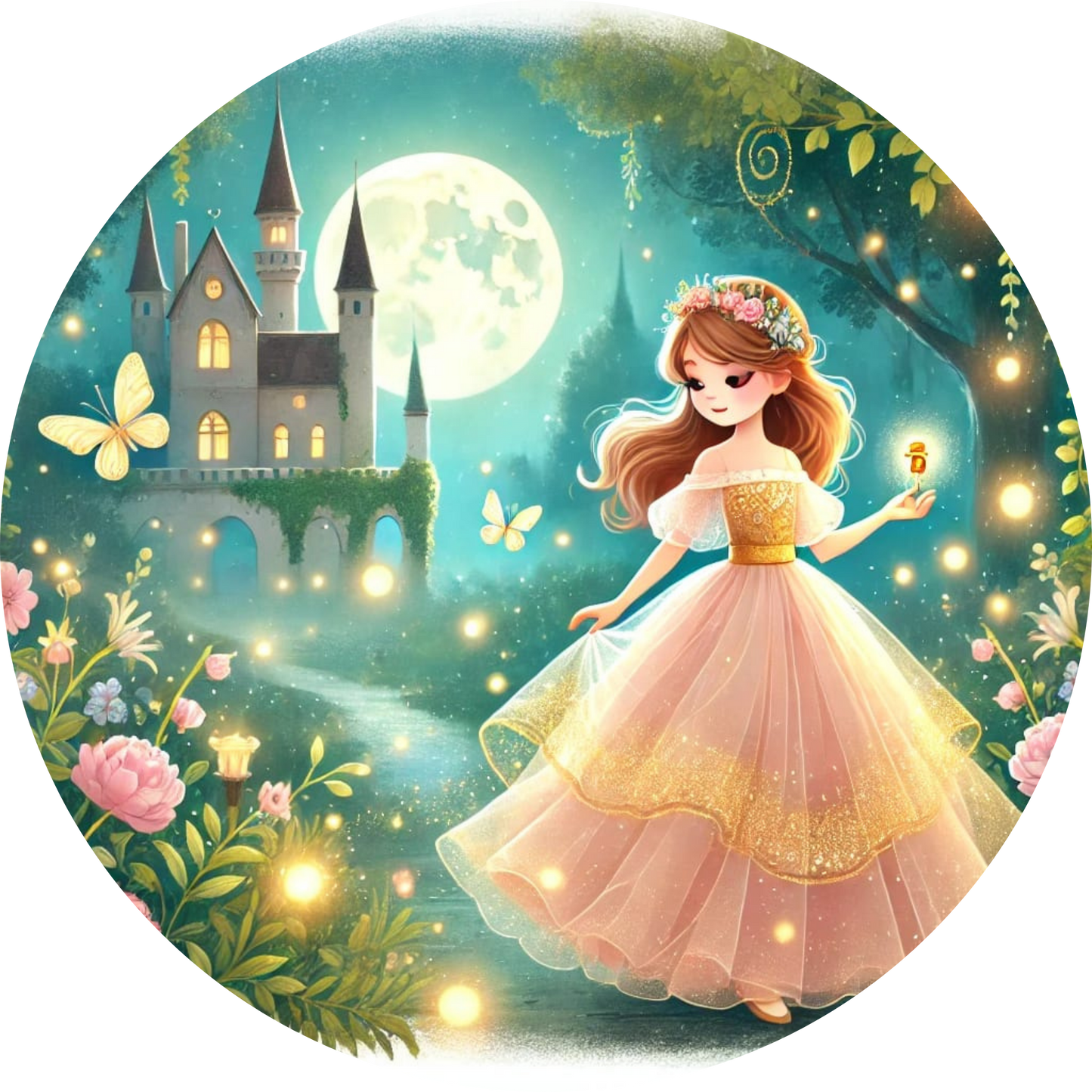 Prinzessin im rosa Kleid steht verträumt vor einem Schloss bei Nacht
