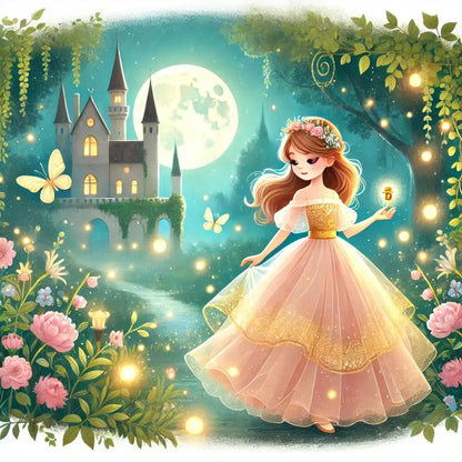 Eine Prinzessin in rosa Kleid tanzt bei Mondlicht im Rosengarten vor einem märchenhaften Schloss.