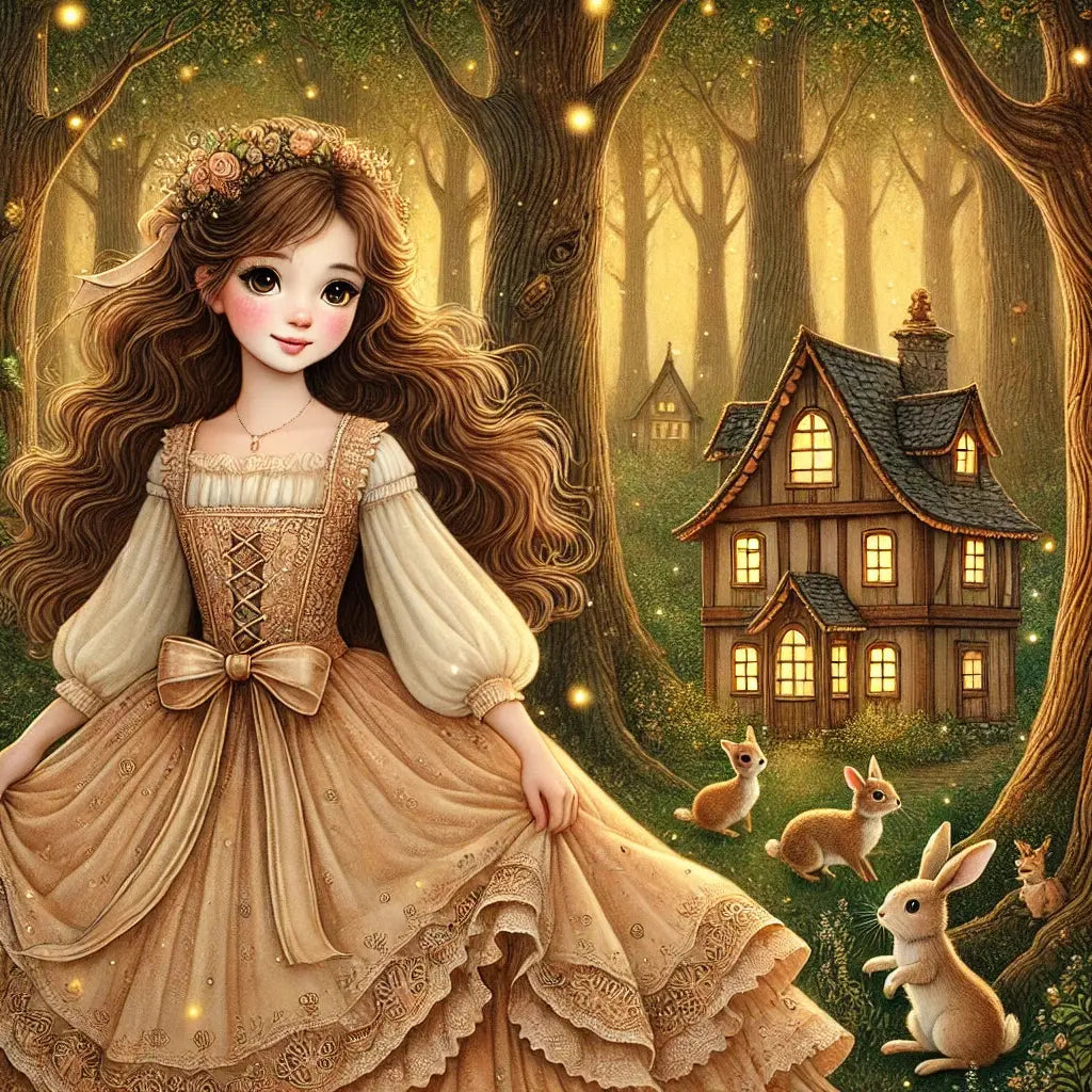 Detailreiches Märchenmotiv mit einer jungen Prinzessin im goldenen Kleid, die vor einem kleinen Haus im Wald steht. Um sie herum tummeln sich Waldbewohner wie Rehe, Hasen und Vögel.