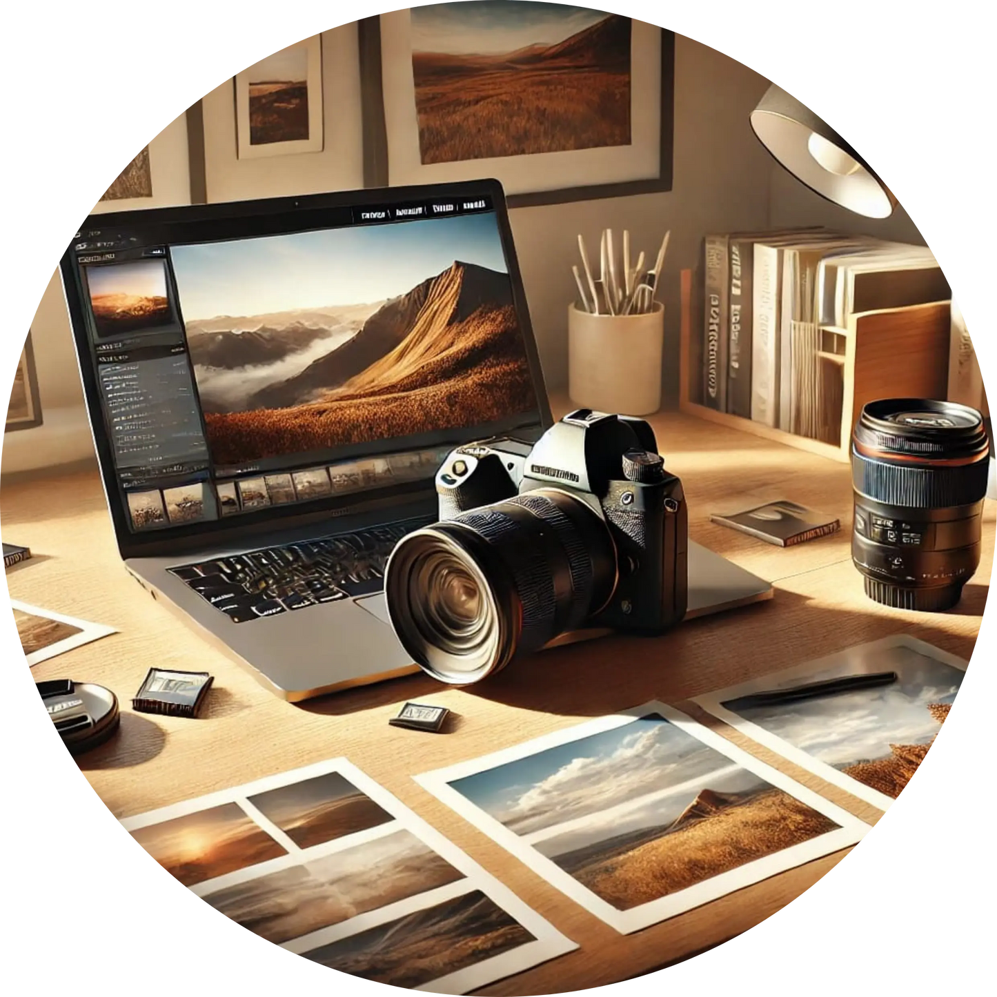 Profi-Kamera auf einem Laptop, der auf einem Schreibtisch steht