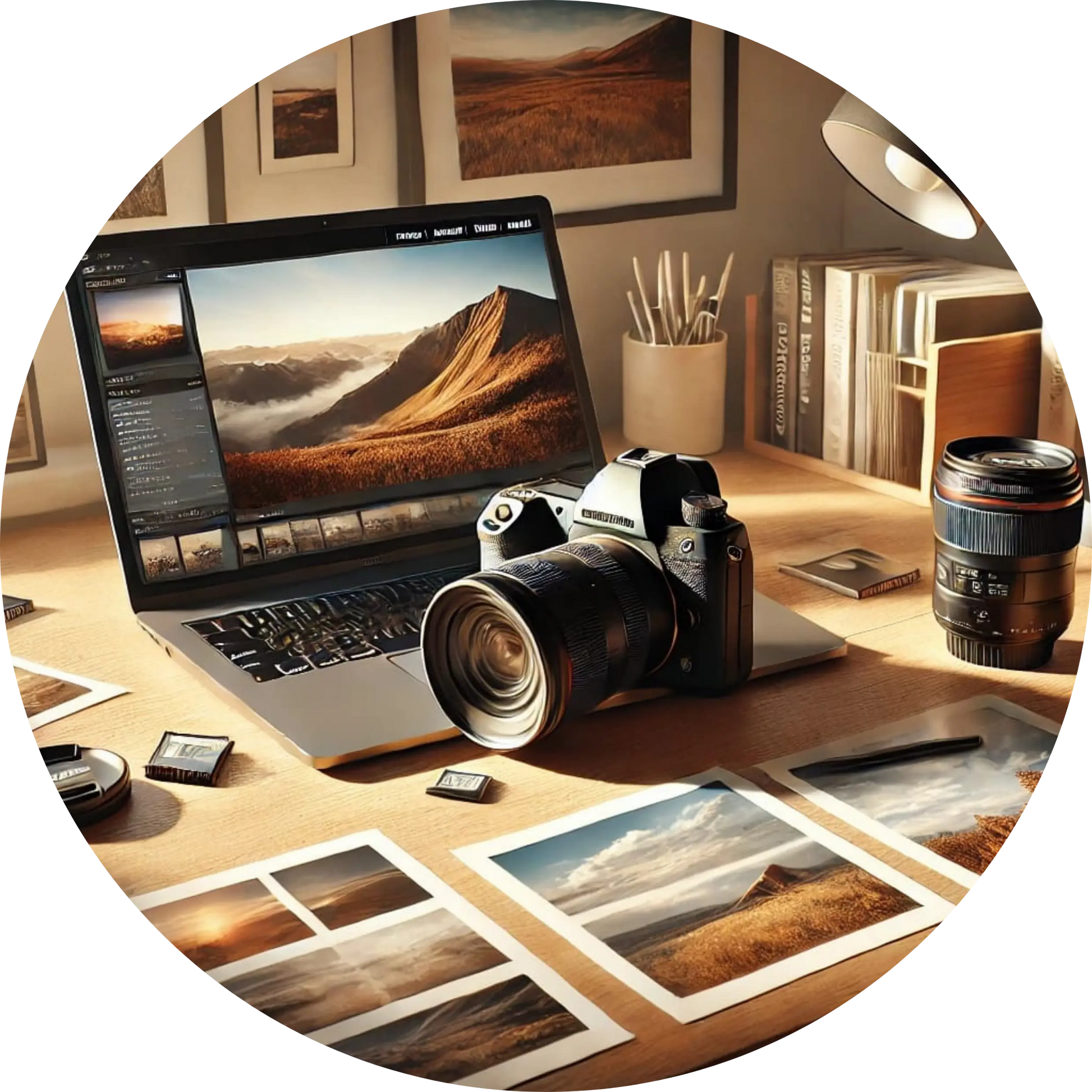 Profi-Kamera auf einem Laptop, der auf einem Schreibtisch steht