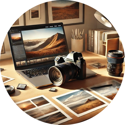 Profi-Kamera auf einem Laptop, der auf einem Schreibtisch steht