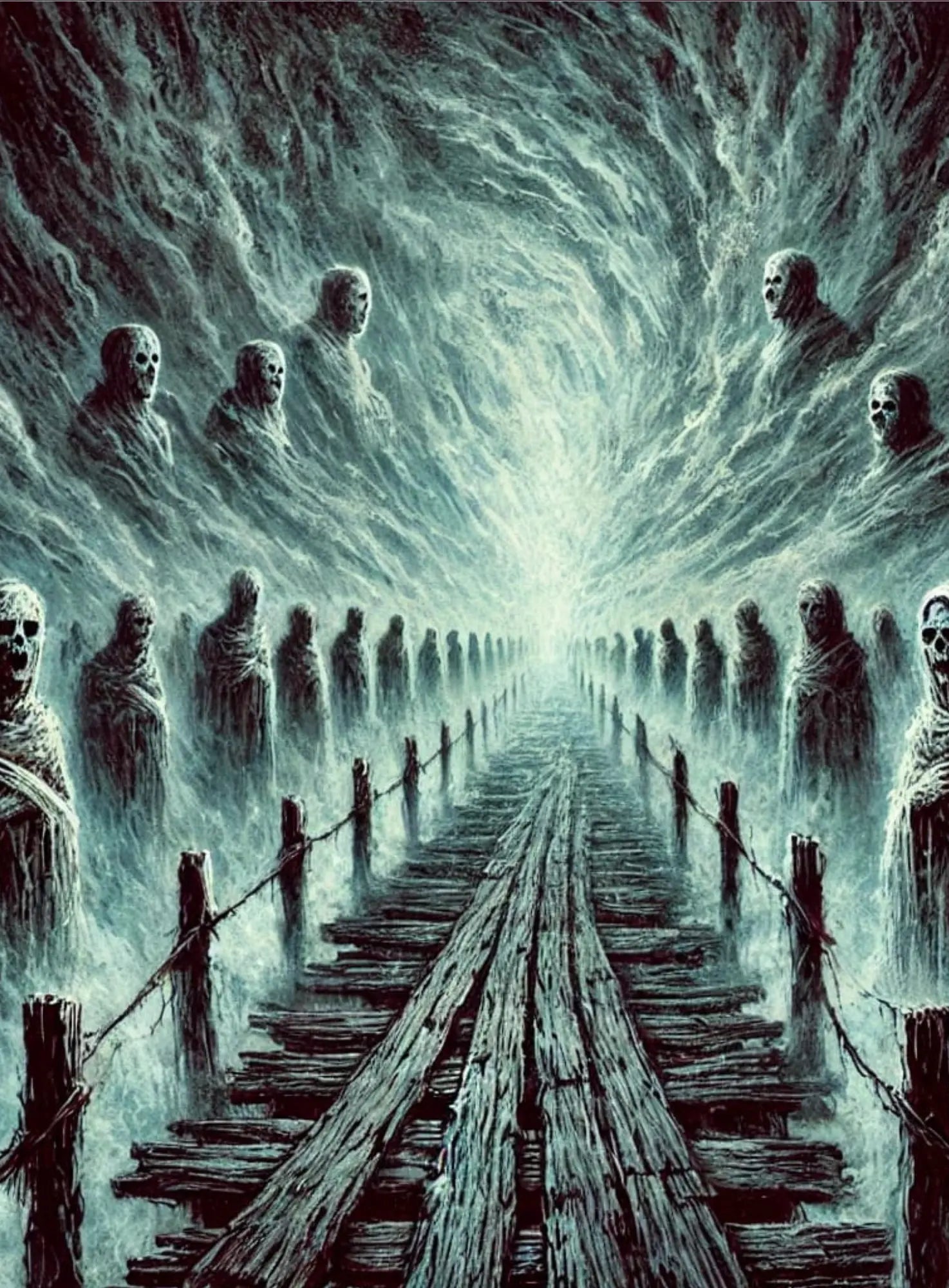 Unheimliche Prozession dunkler Gestalten in Richtung eines mystischen, leuchtenden Portals – düstere und rätselhafte Atmosphäre.