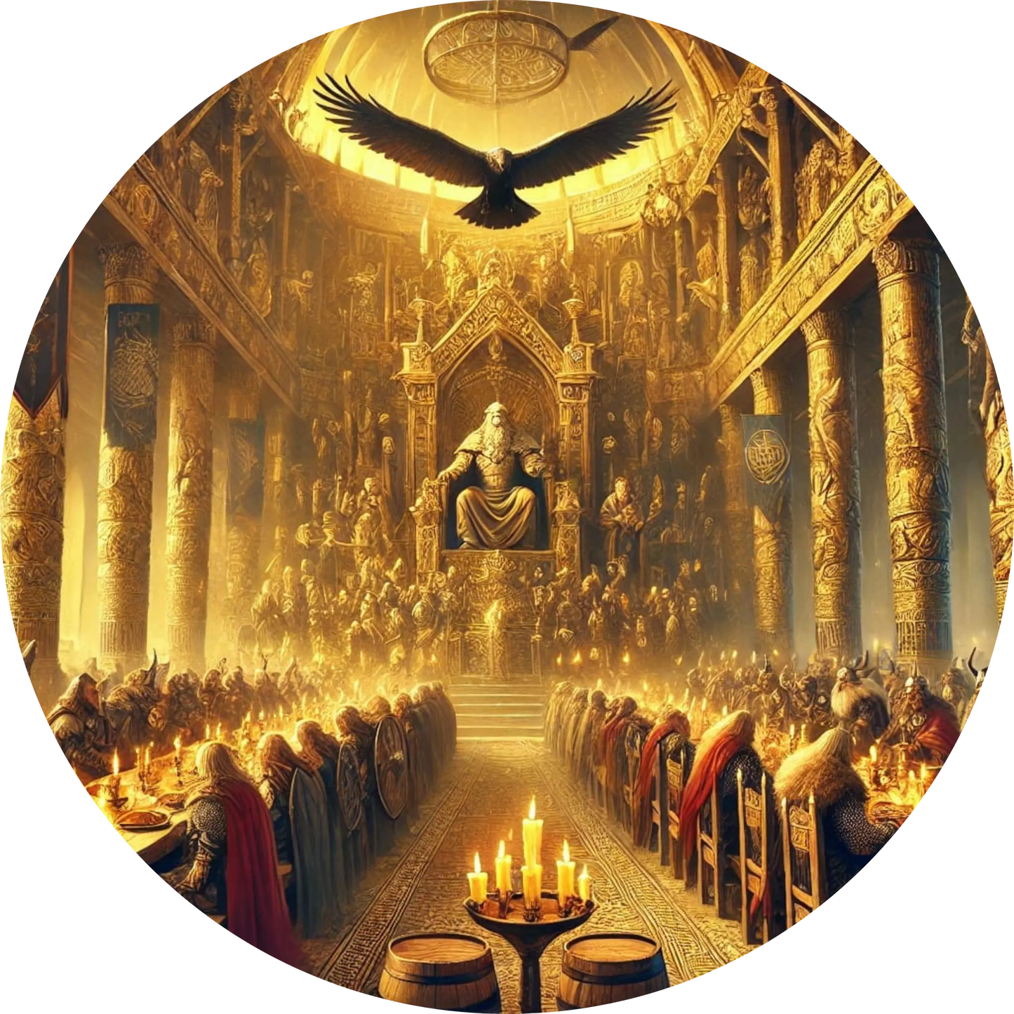 Prunkvolle Halle mit langen Tafeln, Kerzen und hoher Symbolik an der Wand