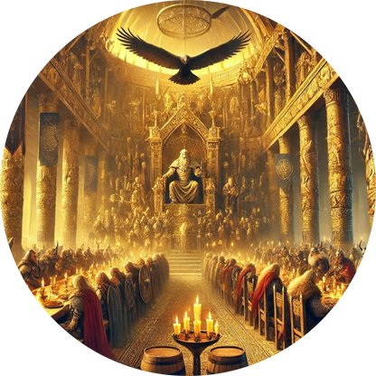 Prunkvolle Halle mit langen Tafeln, Kerzen und hoher Symbolik an der Wand