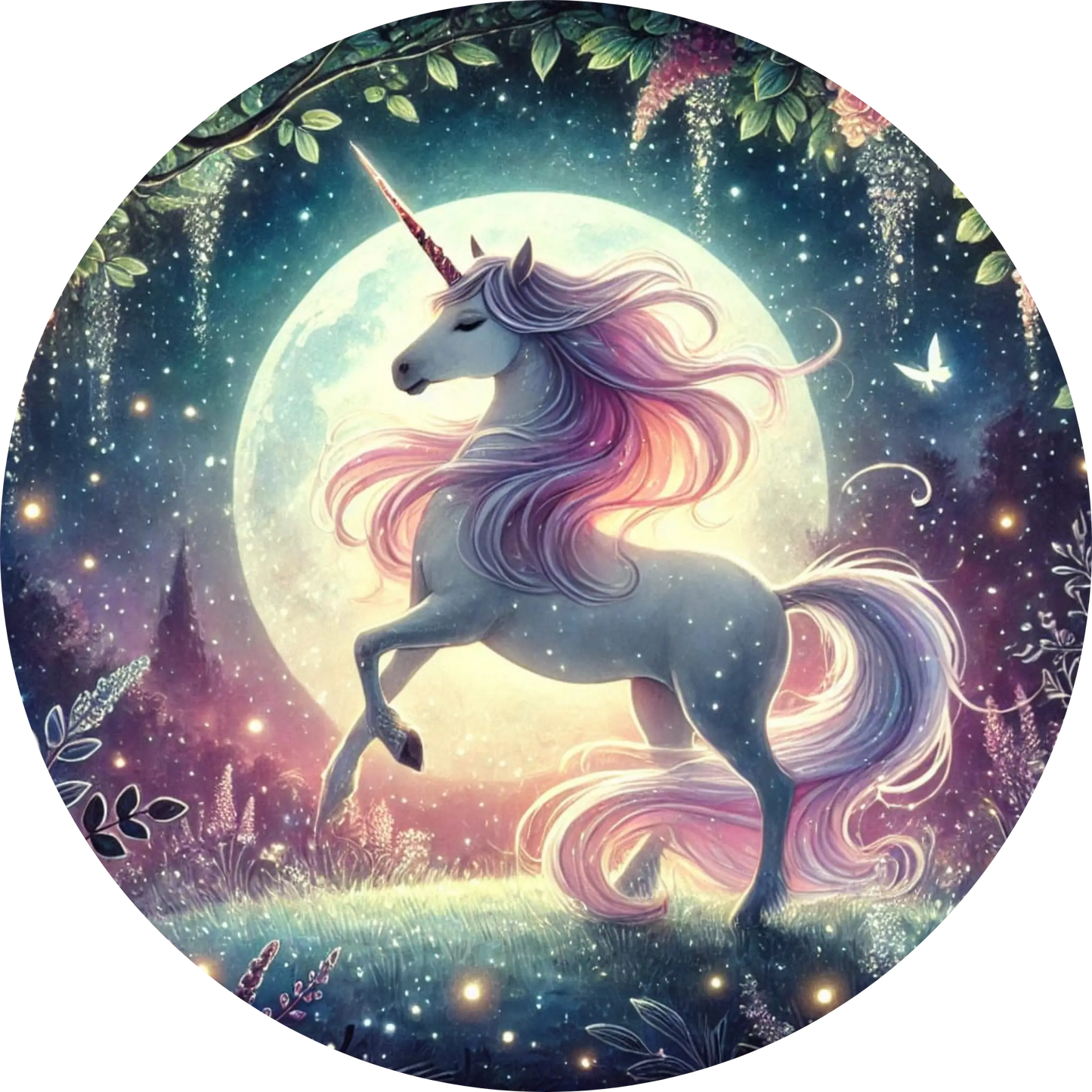 Psychedelisches Einhorn vor bunter Galaxie – Regenbogenmähne & Sterne