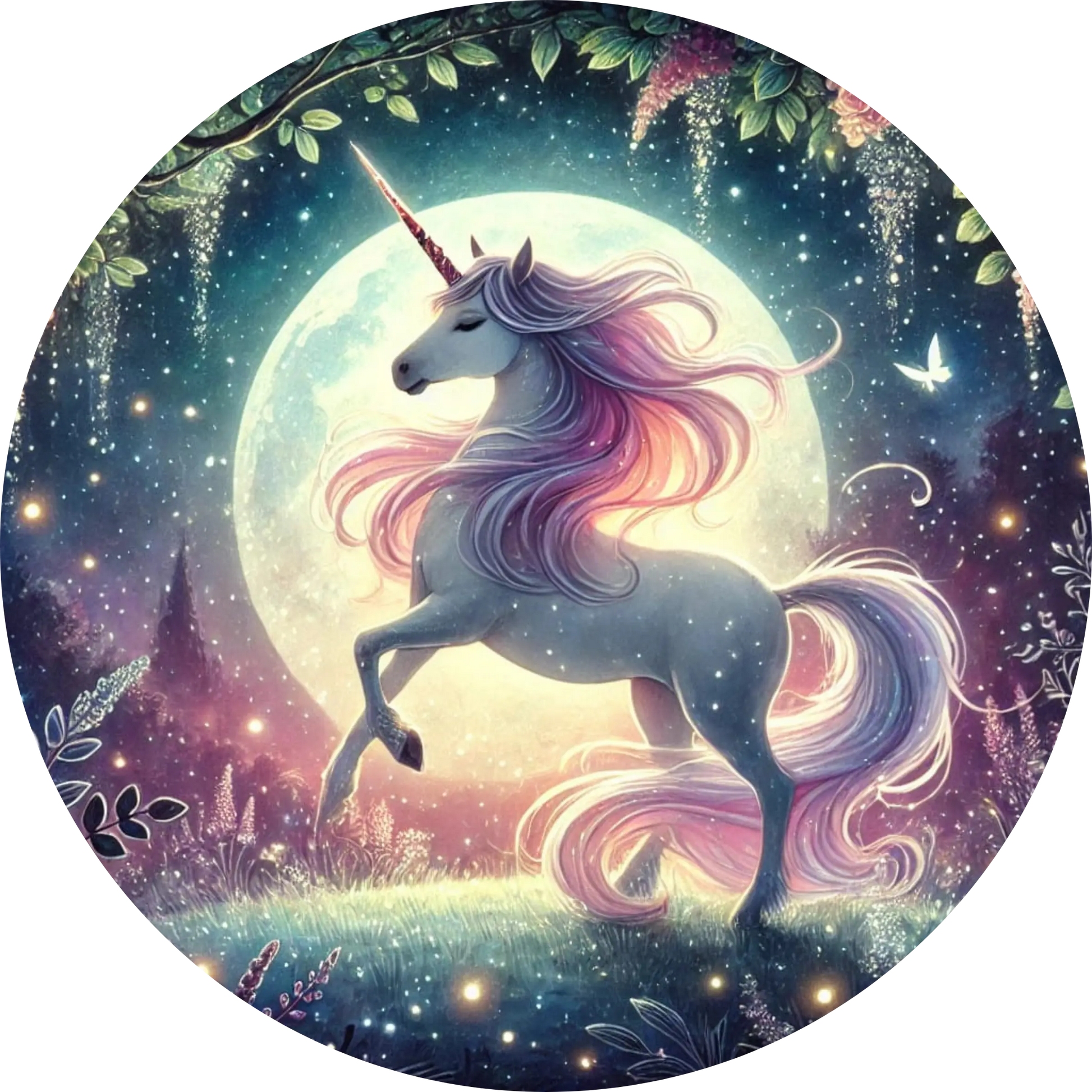 Psychedelisches Einhorn vor bunter Galaxie – Regenbogenmähne & Sterne