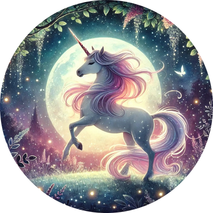 Psychedelisches Einhorn vor bunter Galaxie – Regenbogenmähne & Sterne