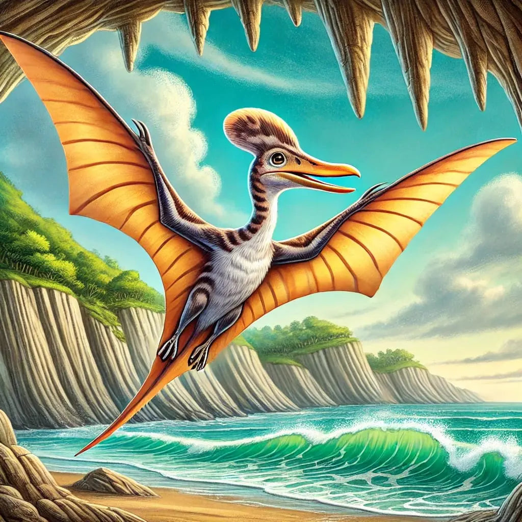 Pterosaurier mit gespreizten Flügeln fliegt über Strand mit Klippen