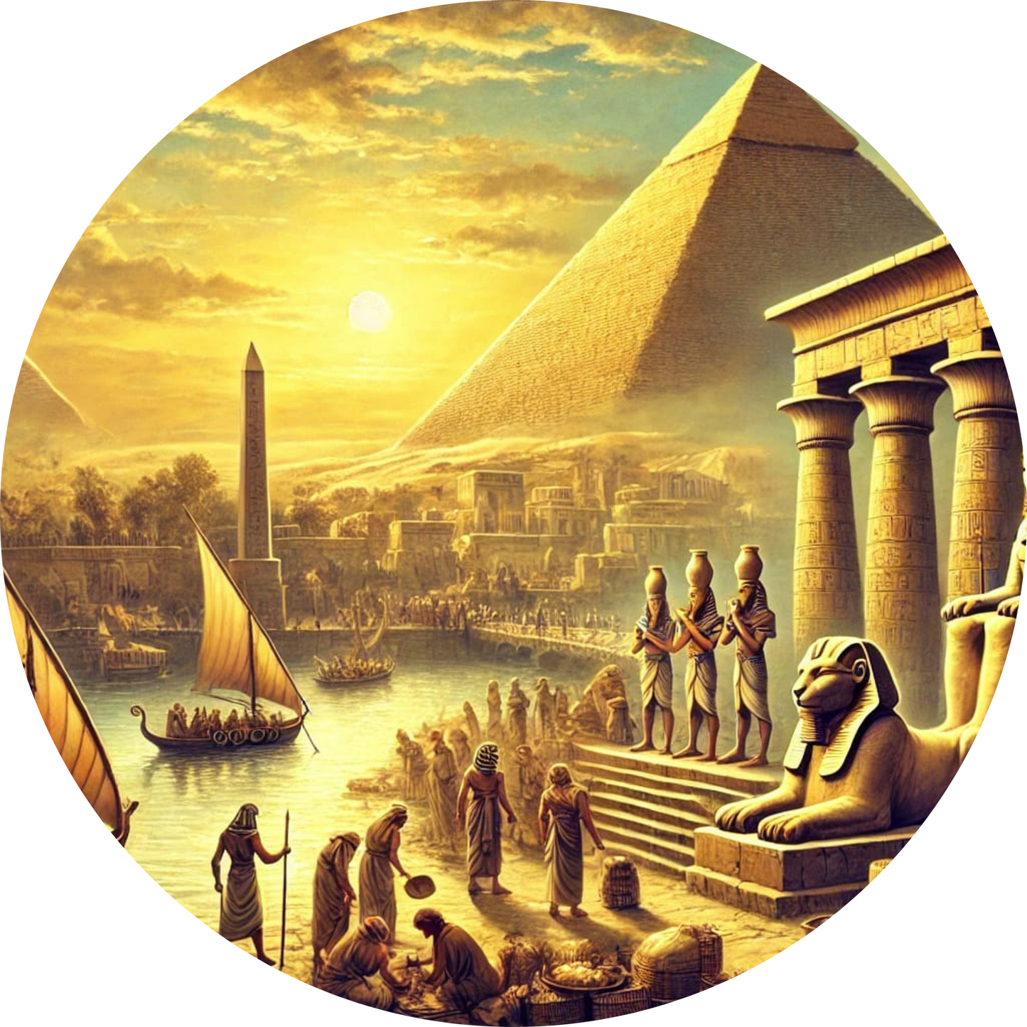 Goldene Pyramidenlandschaft mit Obelisken und Figuren in ägyptischer Kleidung