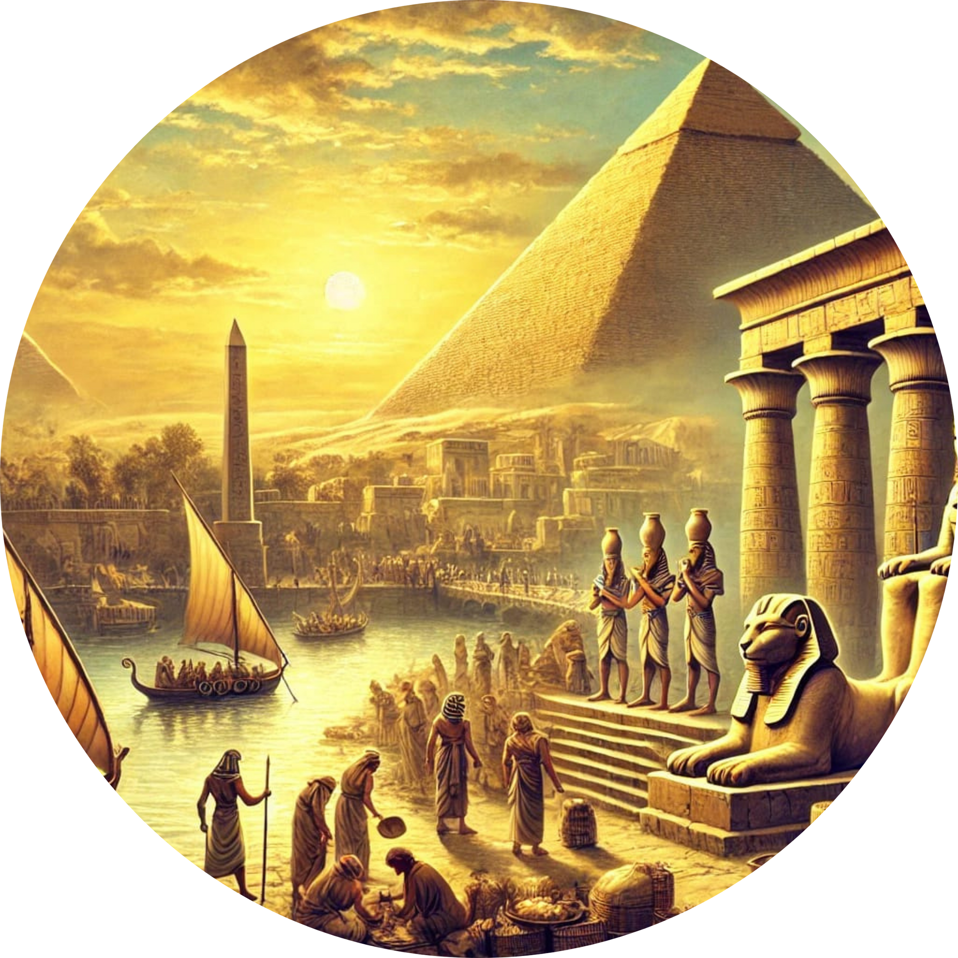 Goldene Pyramidenlandschaft mit Obelisken und Figuren in ägyptischer Kleidung