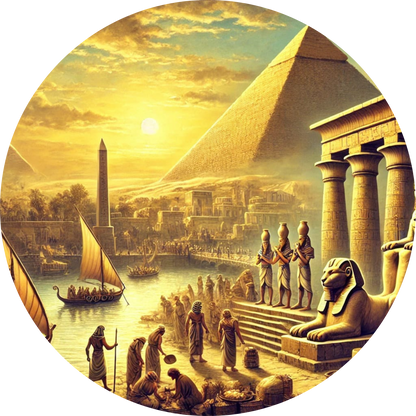 Goldene Pyramidenlandschaft mit Obelisken und Figuren in ägyptischer Kleidung