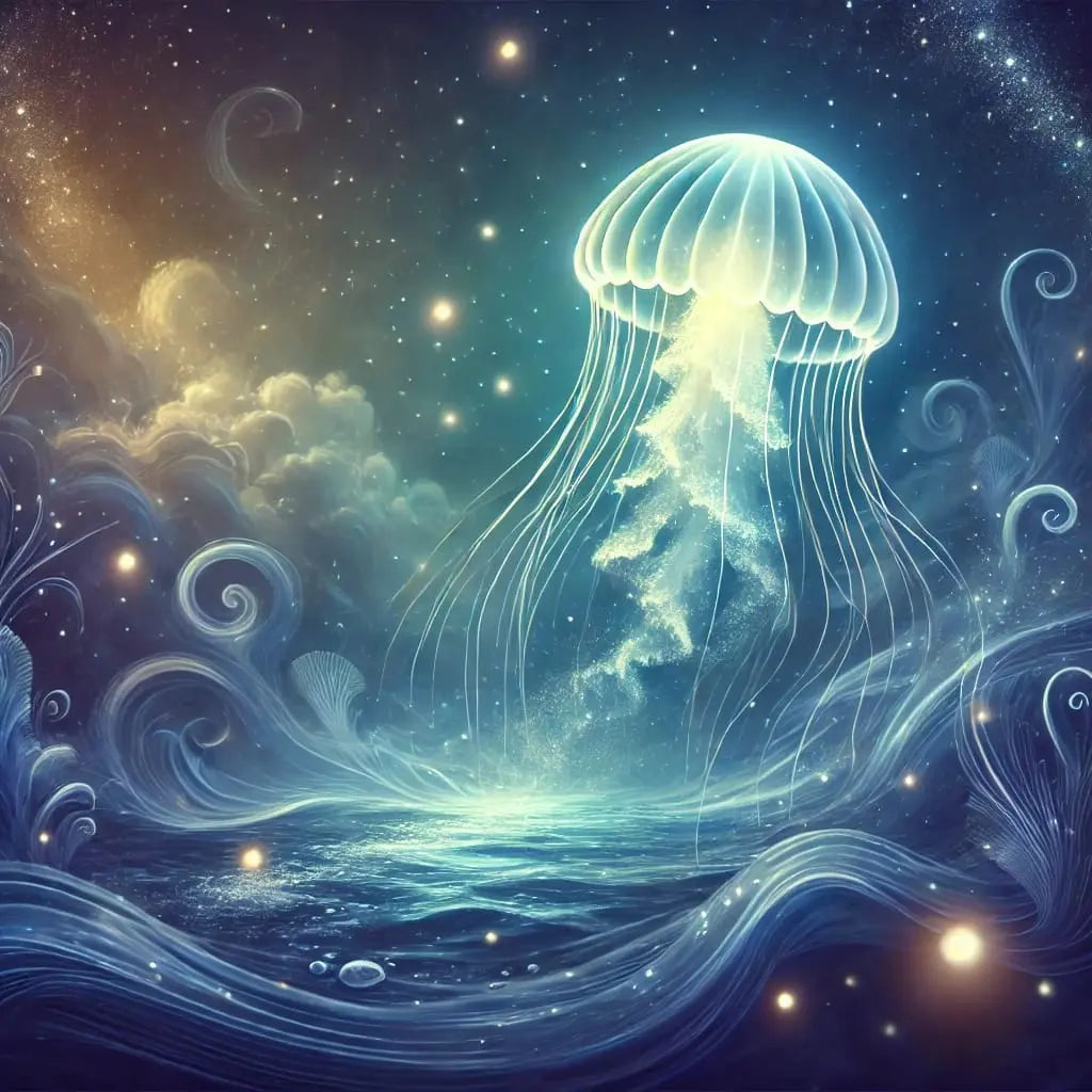 Quallen leuchten im blauen Ozean, magisch schwebend im Licht