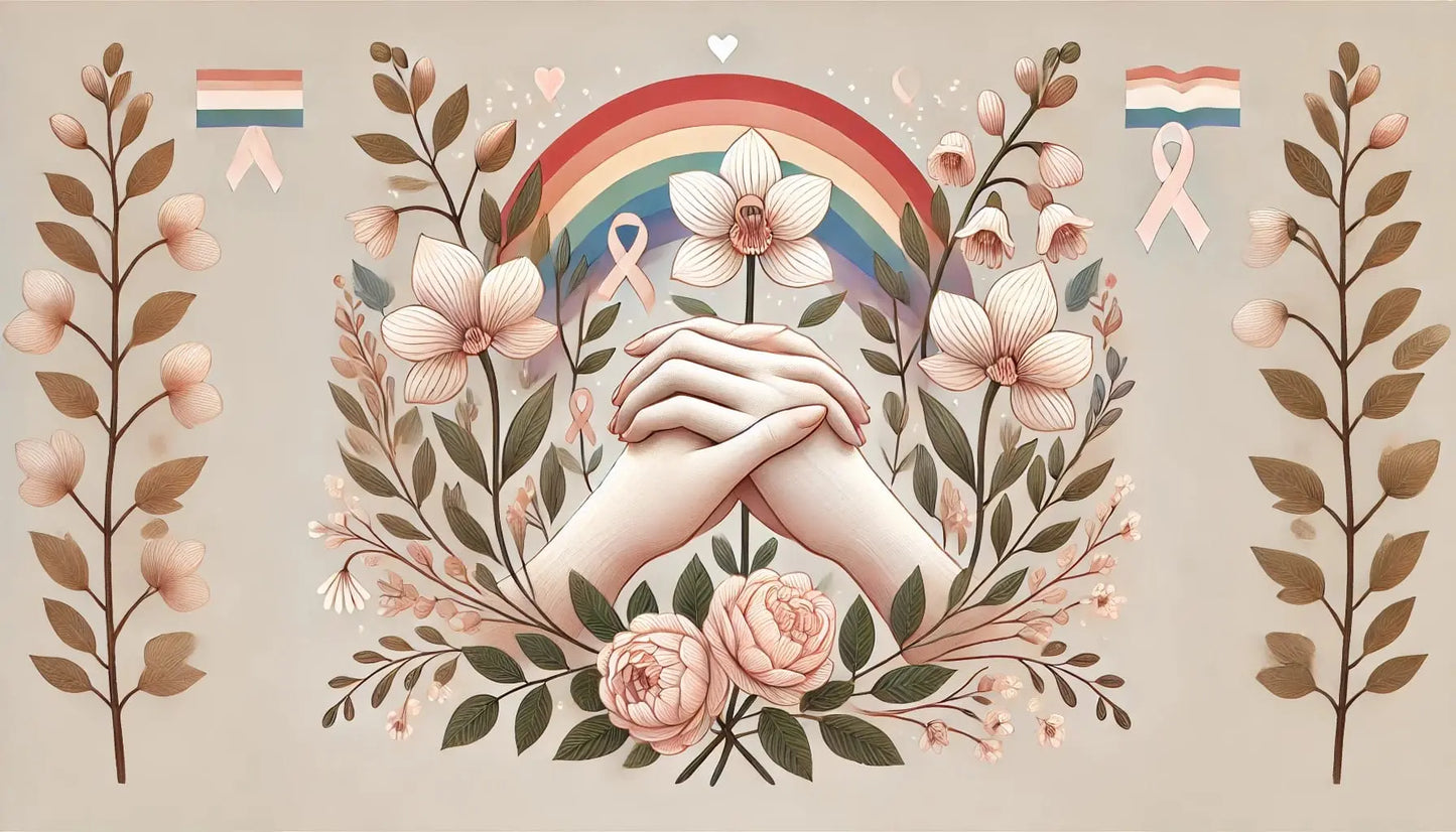 Zwei sich haltende Hände vor Regenbogen und floraler Umrahmung, Symbol für Liebe, Zusammenhalt und queere Sichtbarkeit – zarte Naturfarben mit Trans-Pride-Fähnchen.

