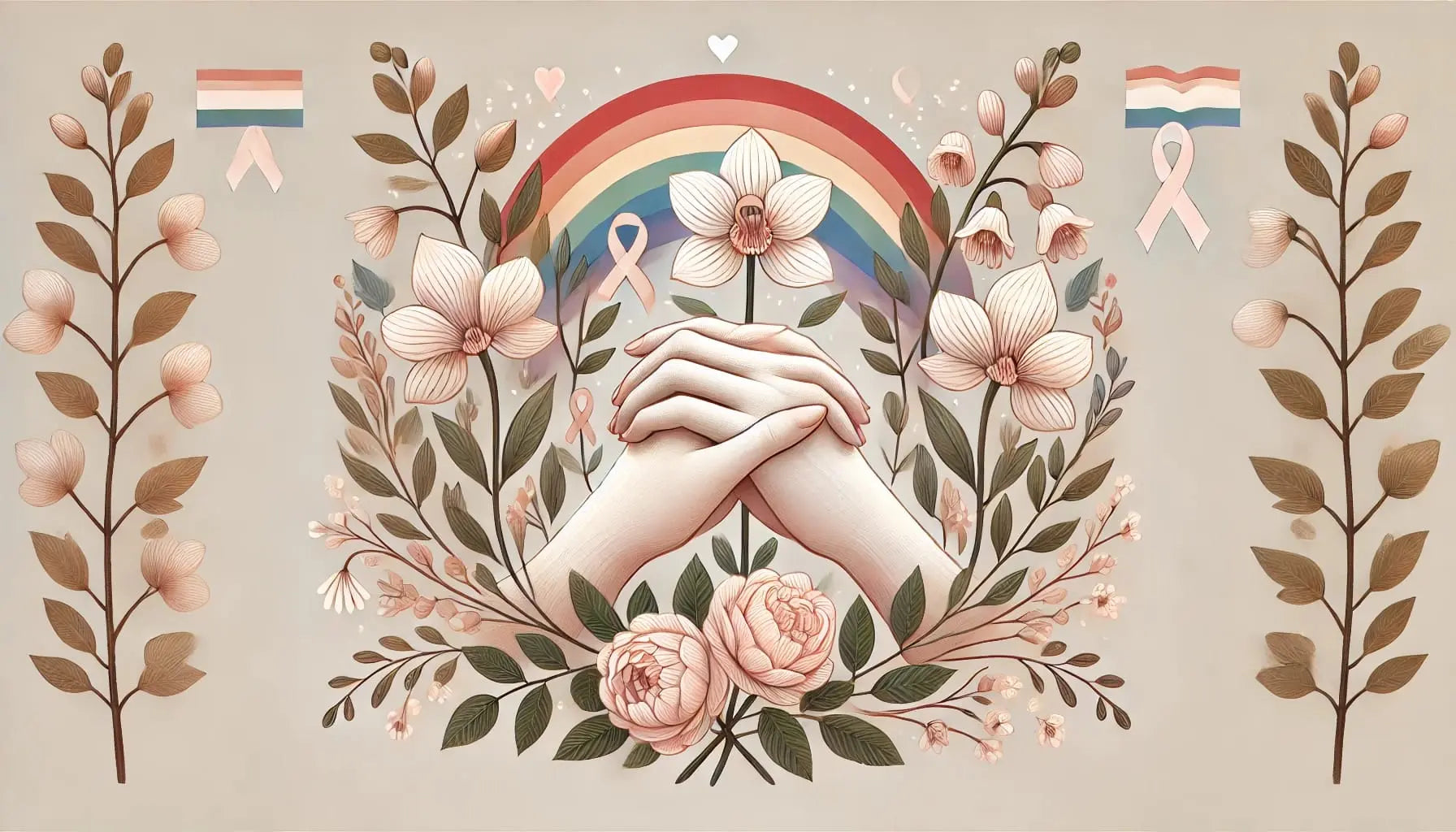 Zwei sich haltende Hände vor Regenbogen und floraler Umrahmung, Symbol für Liebe, Zusammenhalt und queere Sichtbarkeit – zarte Naturfarben mit Trans-Pride-Fähnchen.

