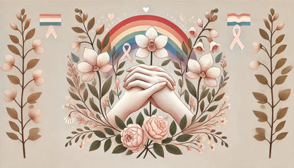 Zwei sich haltende Hände vor Regenbogen und floraler Umrahmung, Symbol für Liebe, Zusammenhalt und queere Sichtbarkeit – zarte Naturfarben mit Trans-Pride-Fähnchen.

