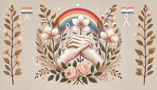 Zwei sich haltende Hände vor Regenbogen und floraler Umrahmung, Symbol für Liebe, Zusammenhalt und queere Sichtbarkeit – zarte Naturfarben mit Trans-Pride-Fähnchen.

