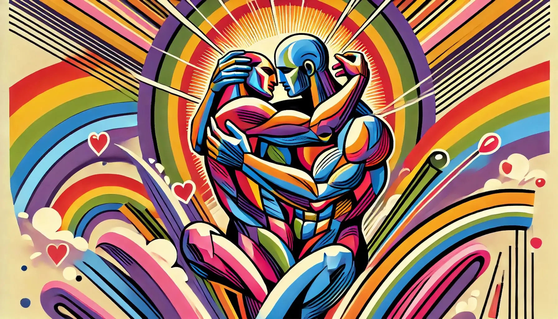 Zwei sich haltende Figuren in kraftvoller Pose vor einem dynamischen Farbwirbel, Darstellung queerer Liebe und Stolz – energiegeladen und emotional.