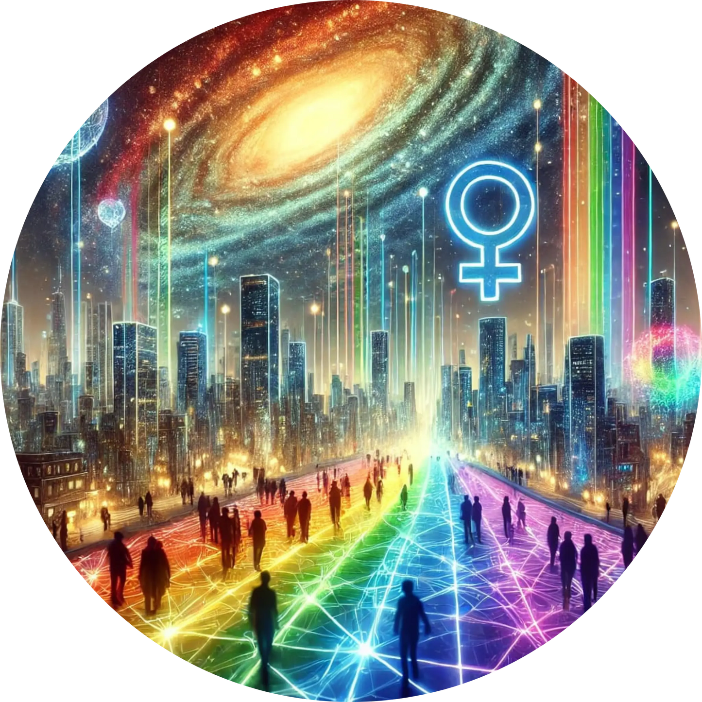 Queere Stadtlandschaft mit Pride-Weg, Galaxie-Himmel und weiblichem Symbol.