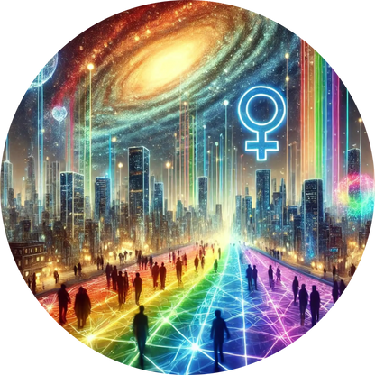 Queere Stadtlandschaft mit Pride-Weg, Galaxie-Himmel und weiblichem Symbol.