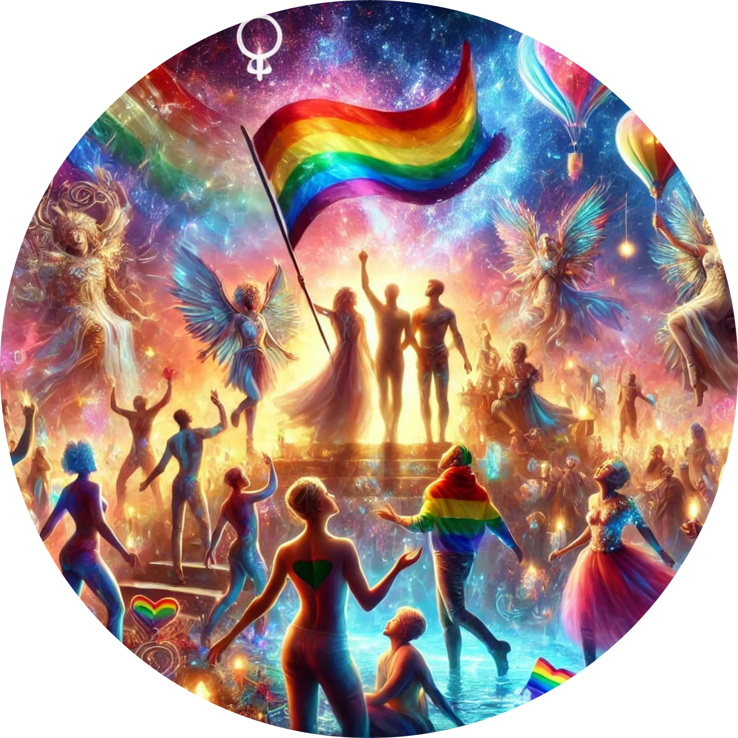 Menschen tanzen mit Regenbogenfahnen unter einem queeren Sternenhimmel, inkl. Trans-Symbol.