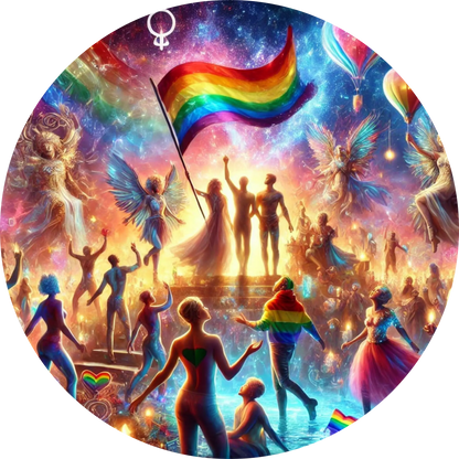 Menschen tanzen mit Regenbogenfahnen unter einem queeren Sternenhimmel, inkl. Trans-Symbol.