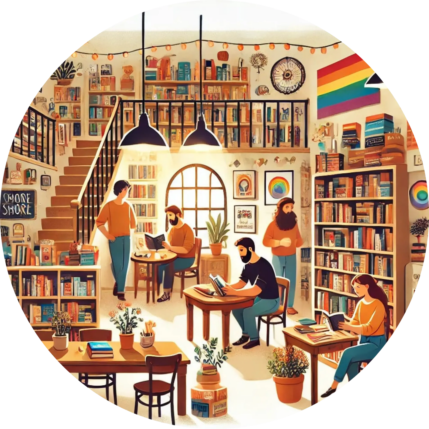 Queeres Café mit Regalen voller Bücher, zwei Personen im Gespräch am Fenster.