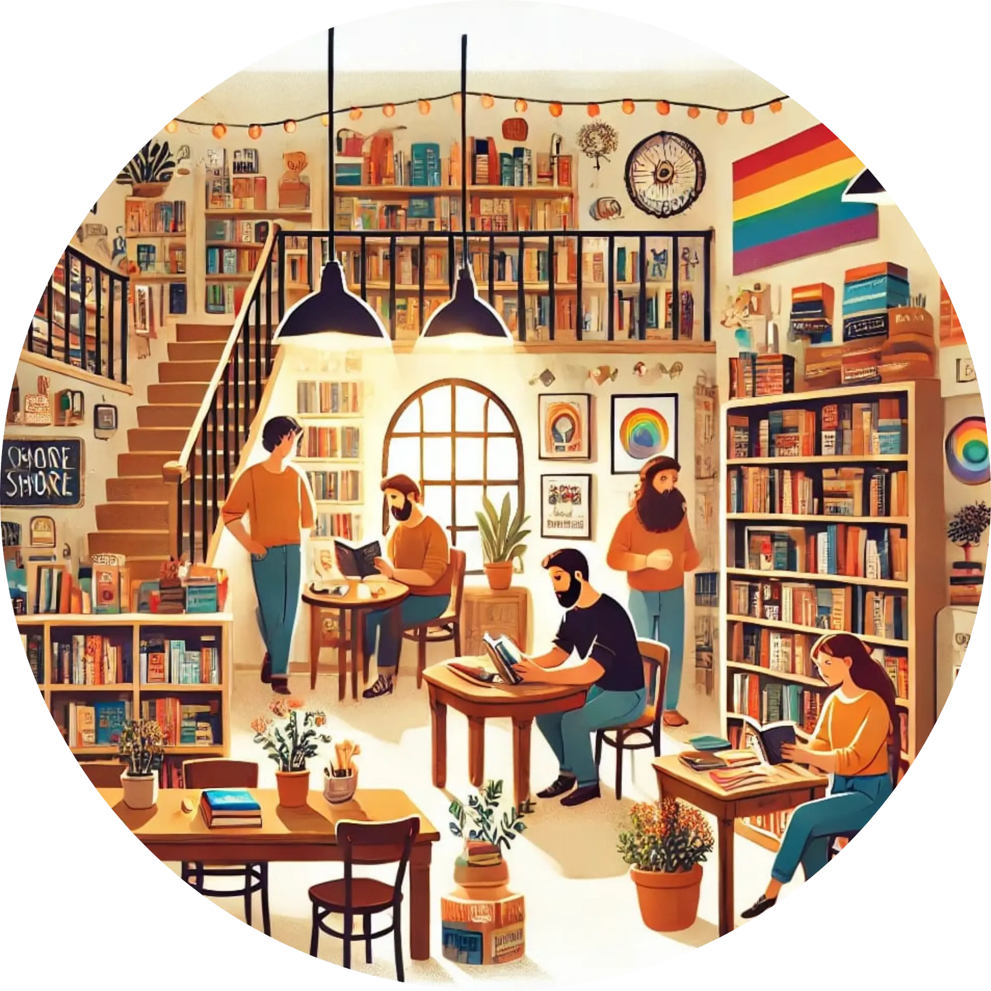 Queeres Café mit Regalen voller Bücher, zwei Personen im Gespräch am Fenster.