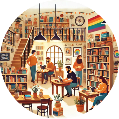 Queeres Café mit Regalen voller Bücher, zwei Personen im Gespräch am Fenster.