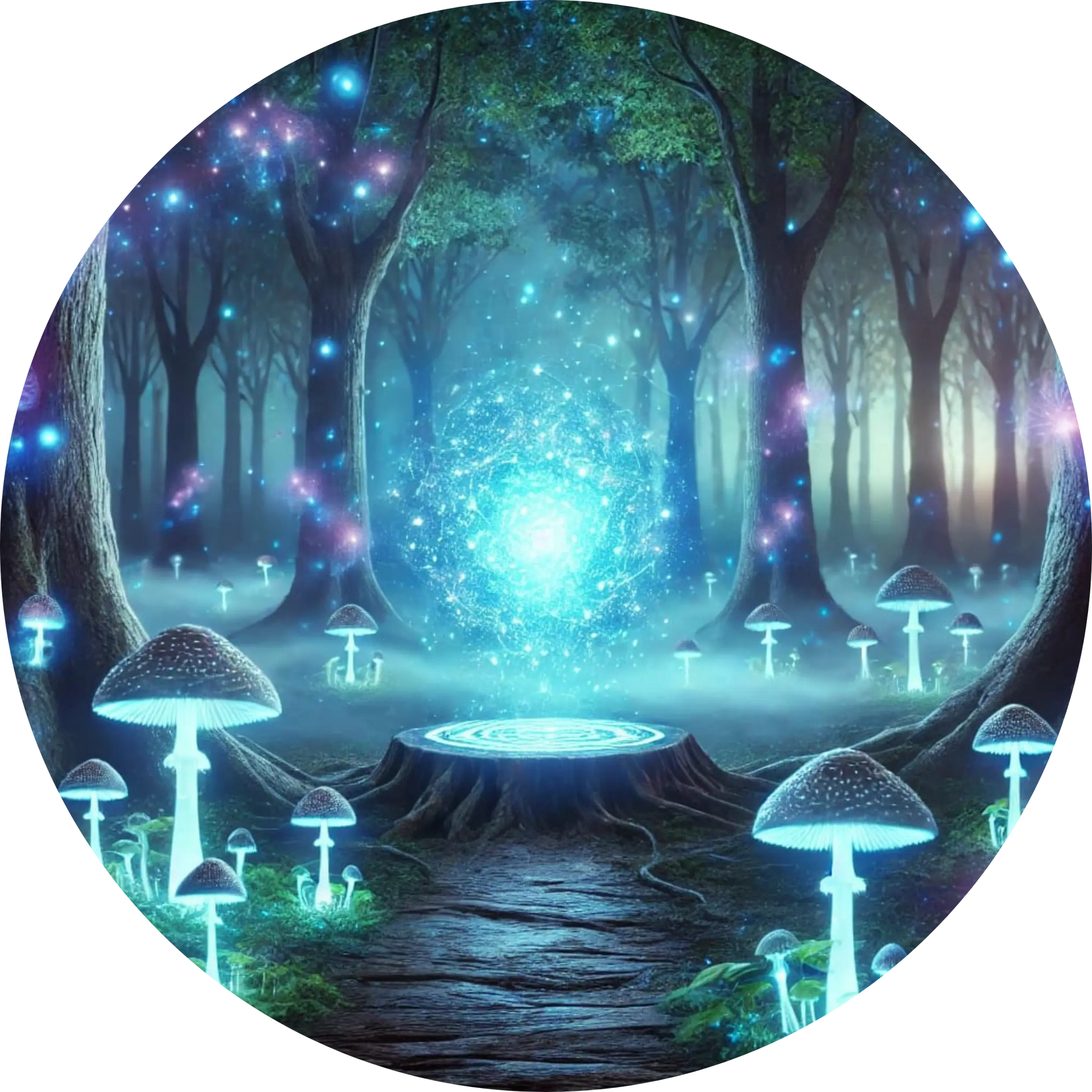 Verzauberte Quelle im Wald mit Lichtkristallen