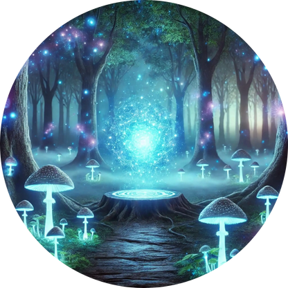 Verzauberte Quelle im Wald mit Lichtkristallen