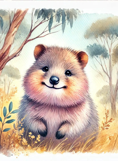 Süßes Quokka in australischer Landschaft mit Buschwerk und Bäumen

