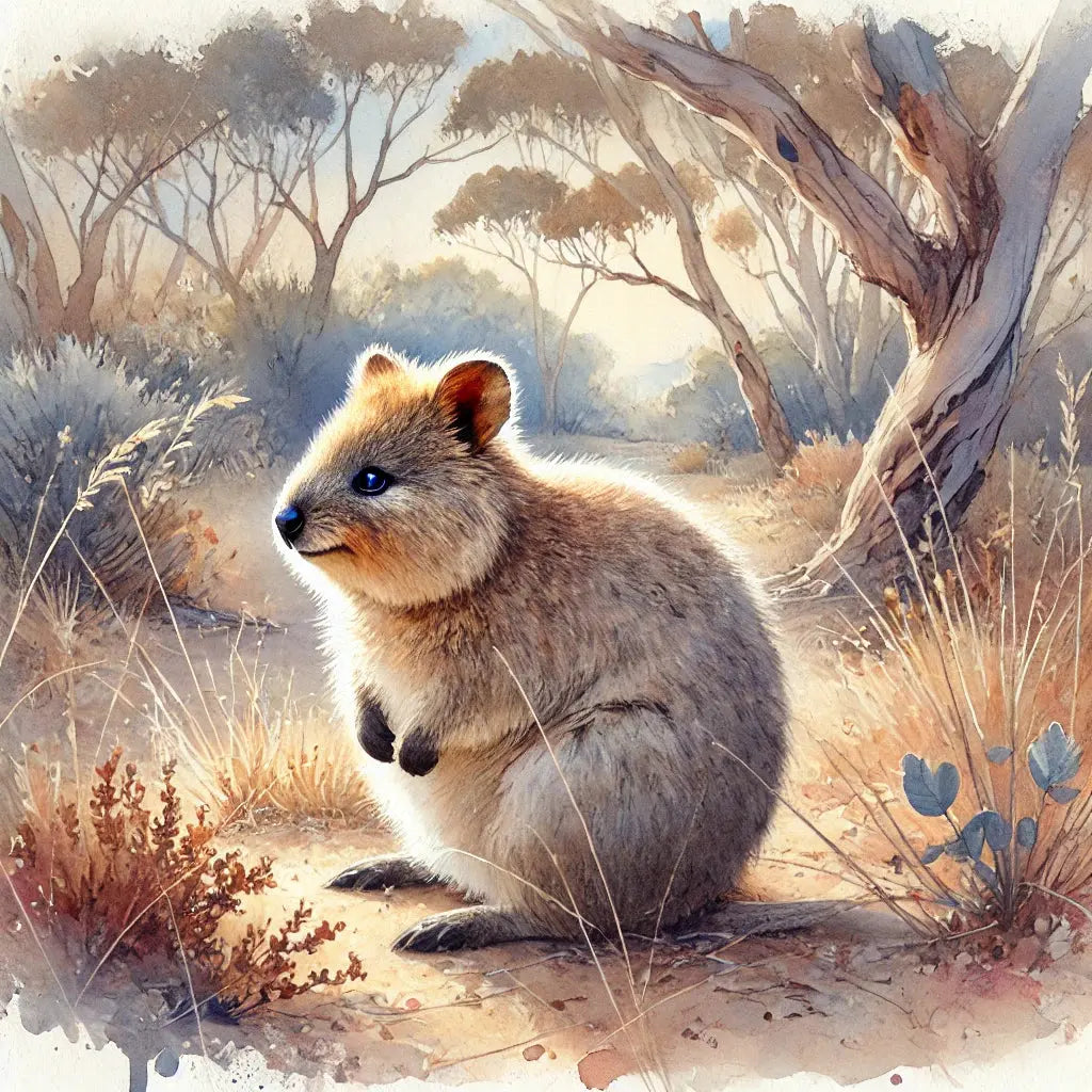 Quokka sitzt im trockenen Gras. Das Bild ist im Watercolour Stil.