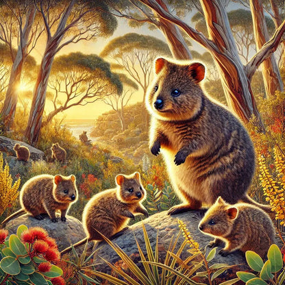 Quokka im Eukalyptuswald bei Sonnenuntergang – warm und stimmungsvoll